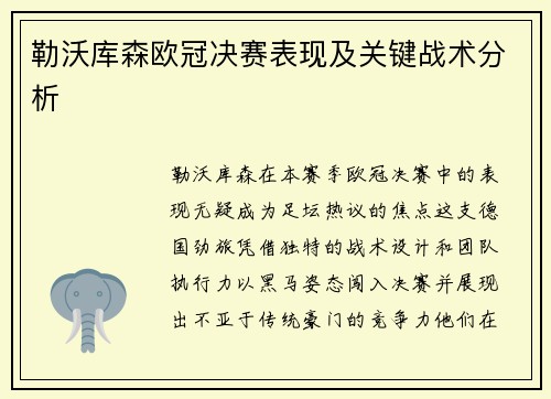 勒沃库森欧冠决赛表现及关键战术分析
